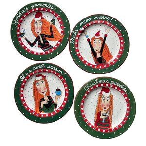 Set of 4 Vintage MEEVA Christmas Dessert Plates 7.5" Whimsical Festive